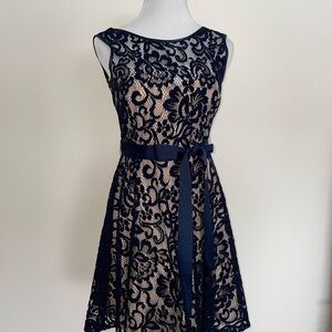 Betsy & Adam Navy and Beige Lace Dress